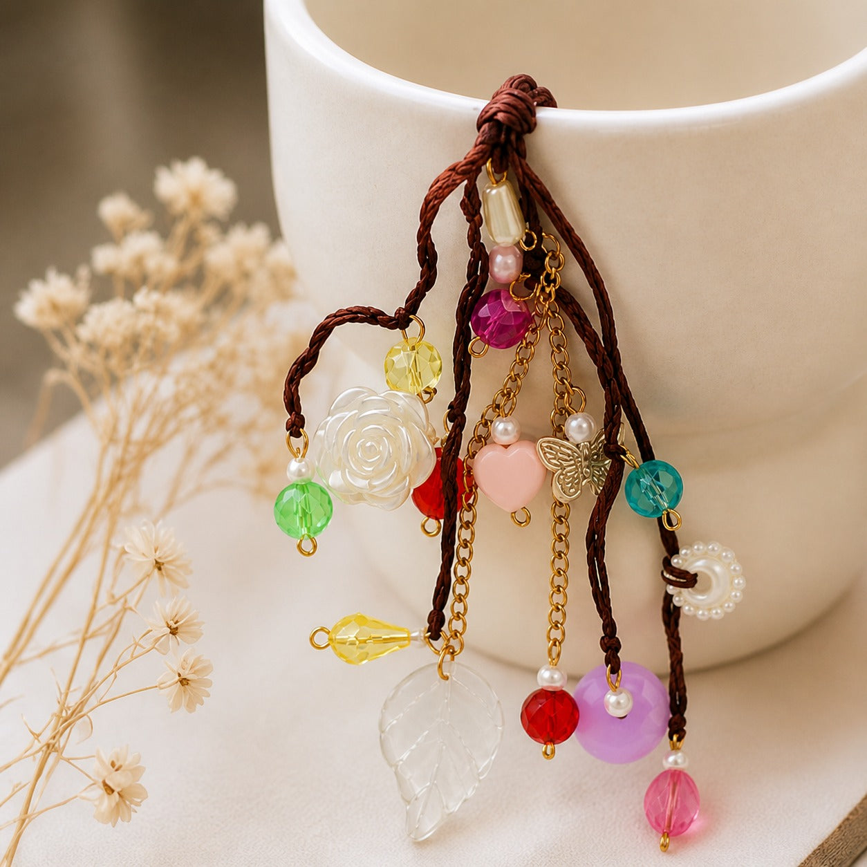 Darling Crystal Charm Bracelet | Handcrafted Beaded Jewelry with Rose, Butterfly & Leaf Pendants | Aesthetic Gift for Women & Girls