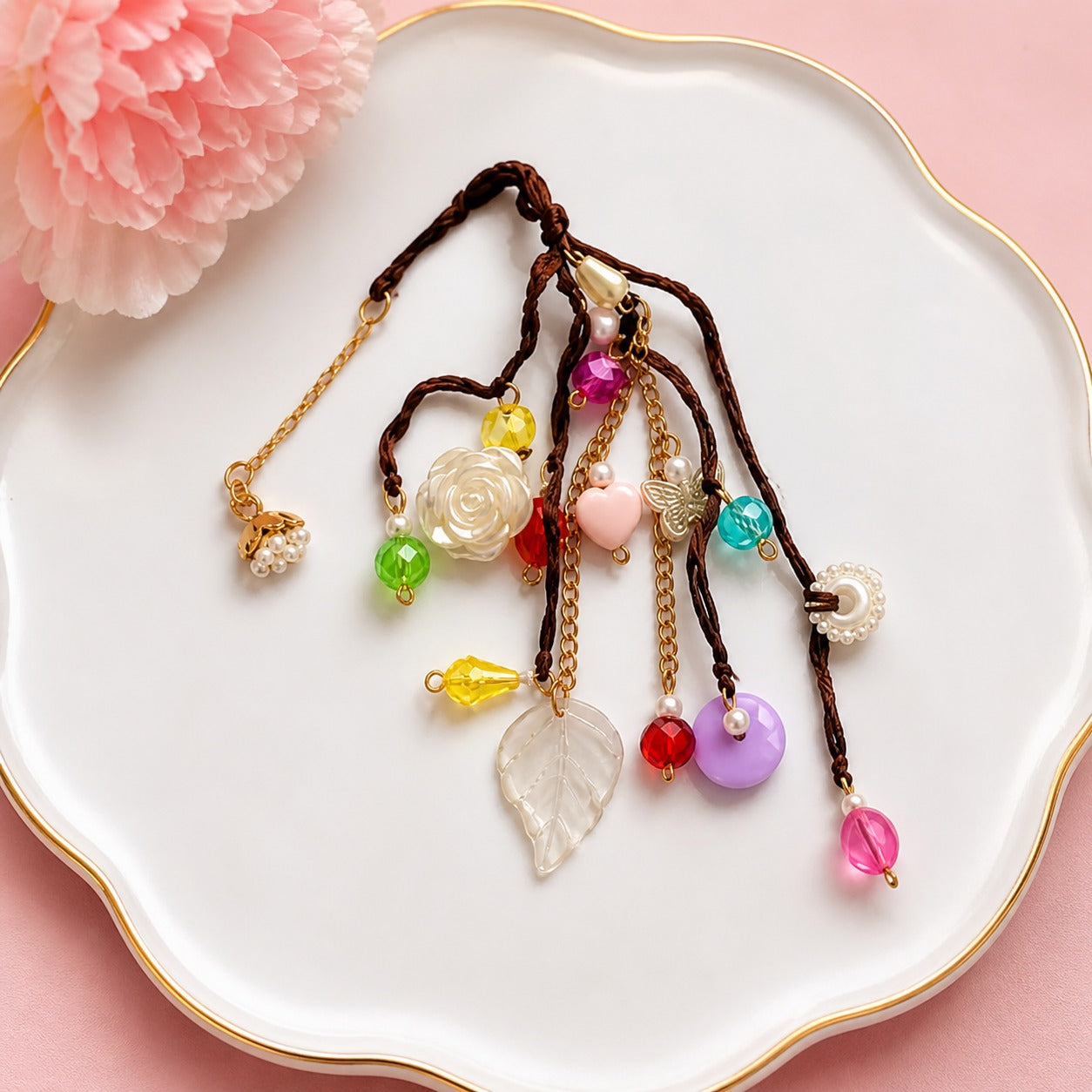 Darling Crystal Charm Bracelet | Handcrafted Beaded Jewelry with Rose, Butterfly & Leaf Pendants | Aesthetic Gift for Women & Girls