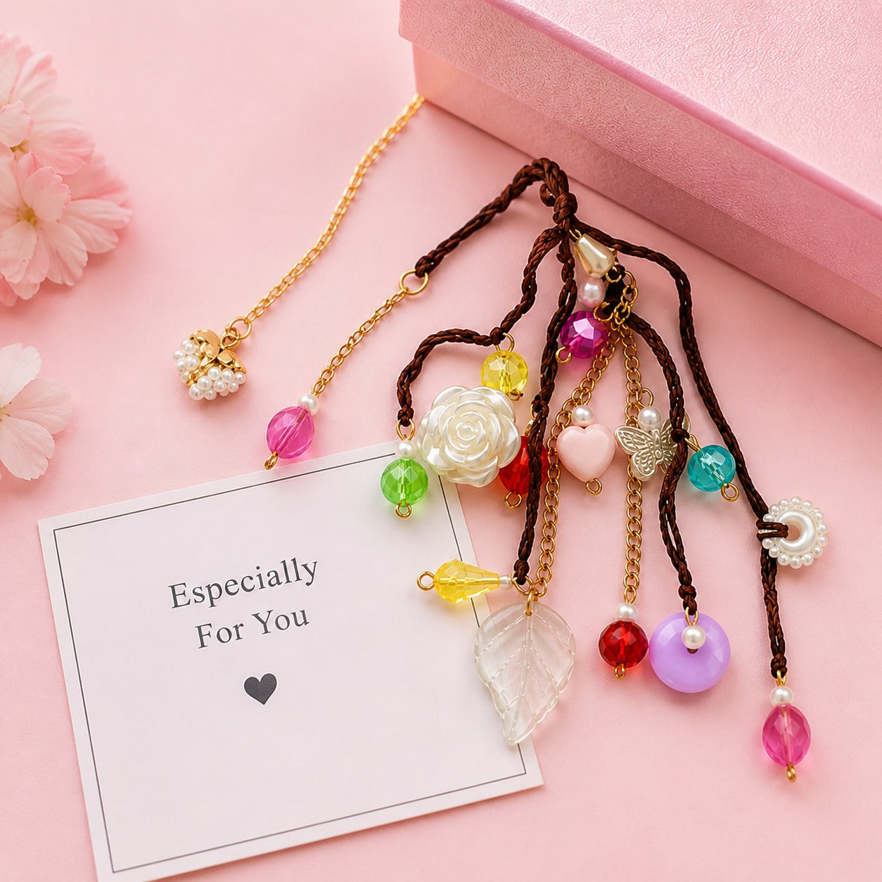 Darling Crystal Charm Bracelet | Handcrafted Beaded Jewelry with Rose, Butterfly & Leaf Pendants | Aesthetic Gift for Women & Girls