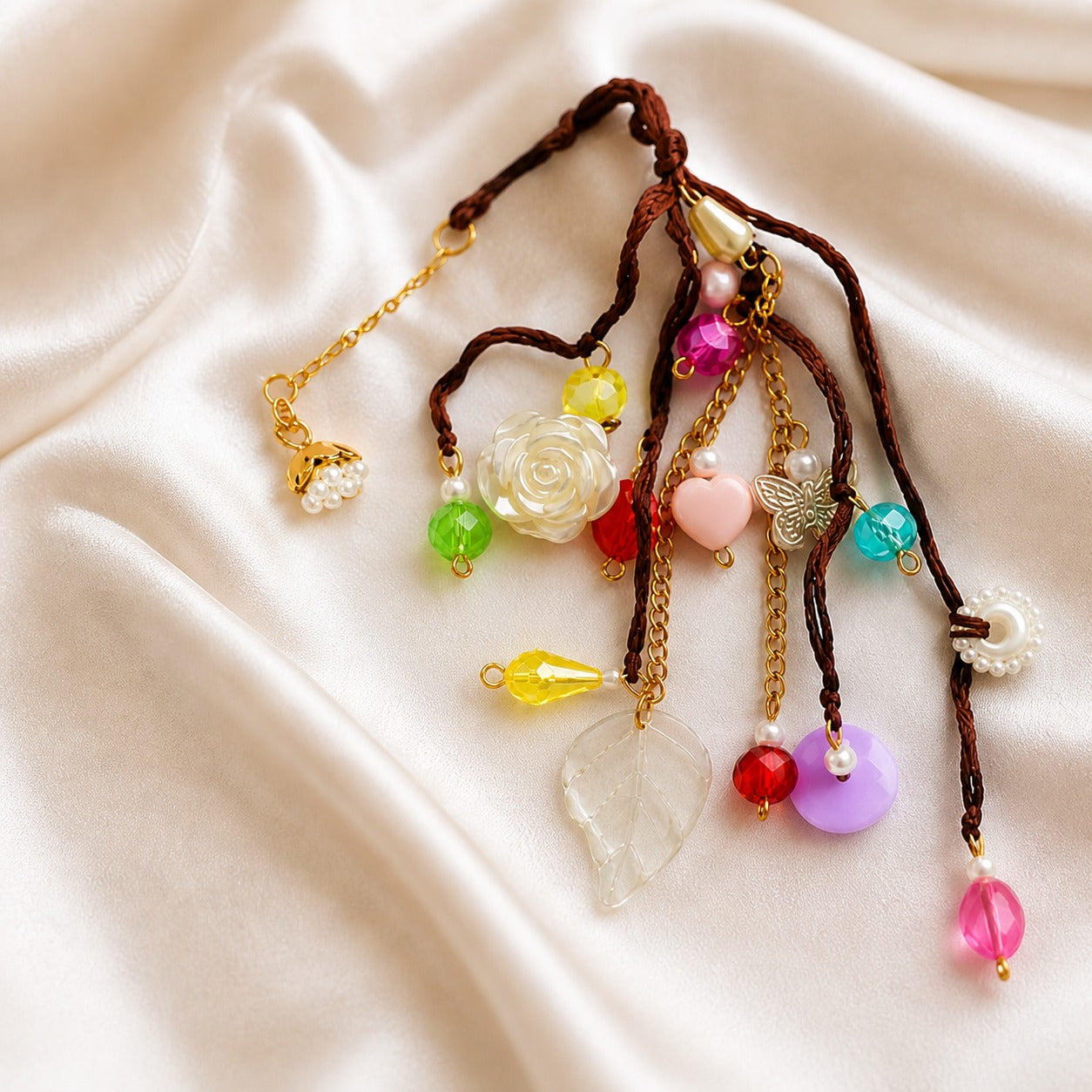 Darling Crystal Charm Bracelet | Handcrafted Beaded Jewelry with Rose, Butterfly & Leaf Pendants | Aesthetic Gift for Women & Girls