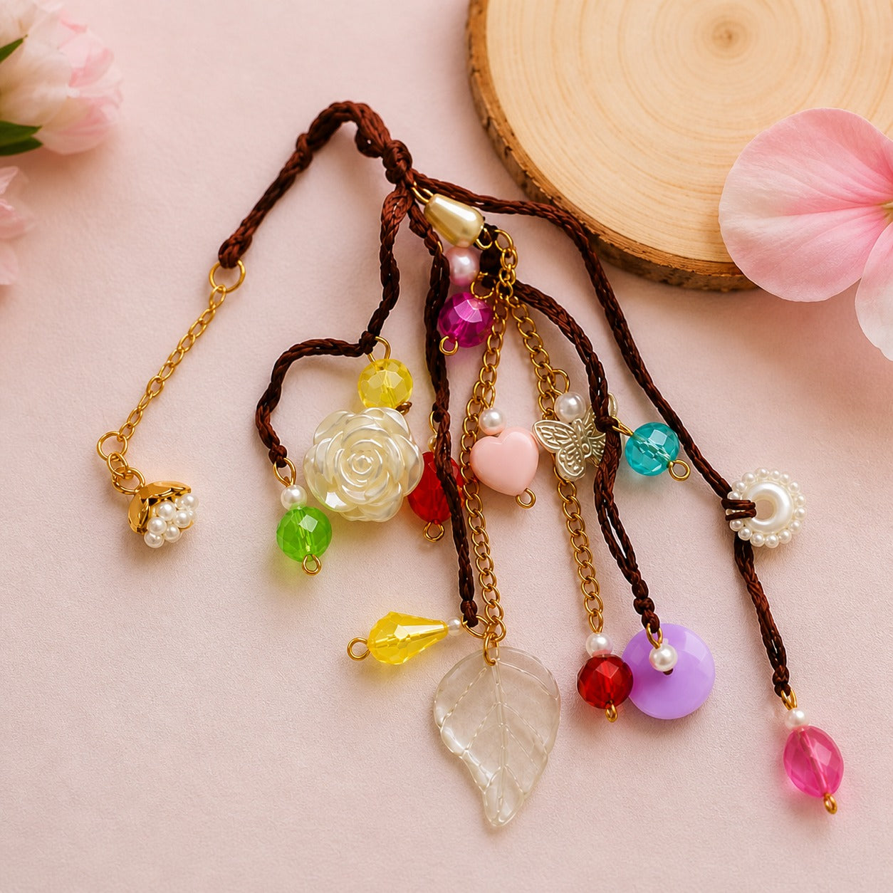 Darling Crystal Charm Bracelet | Handcrafted Beaded Jewelry with Rose, Butterfly & Leaf Pendants | Aesthetic Gift for Women & Girls