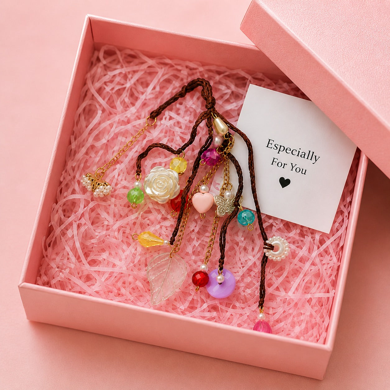 Darling Crystal Charm Bracelet | Handcrafted Beaded Jewelry with Rose, Butterfly & Leaf Pendants | Aesthetic Gift for Women & Girls