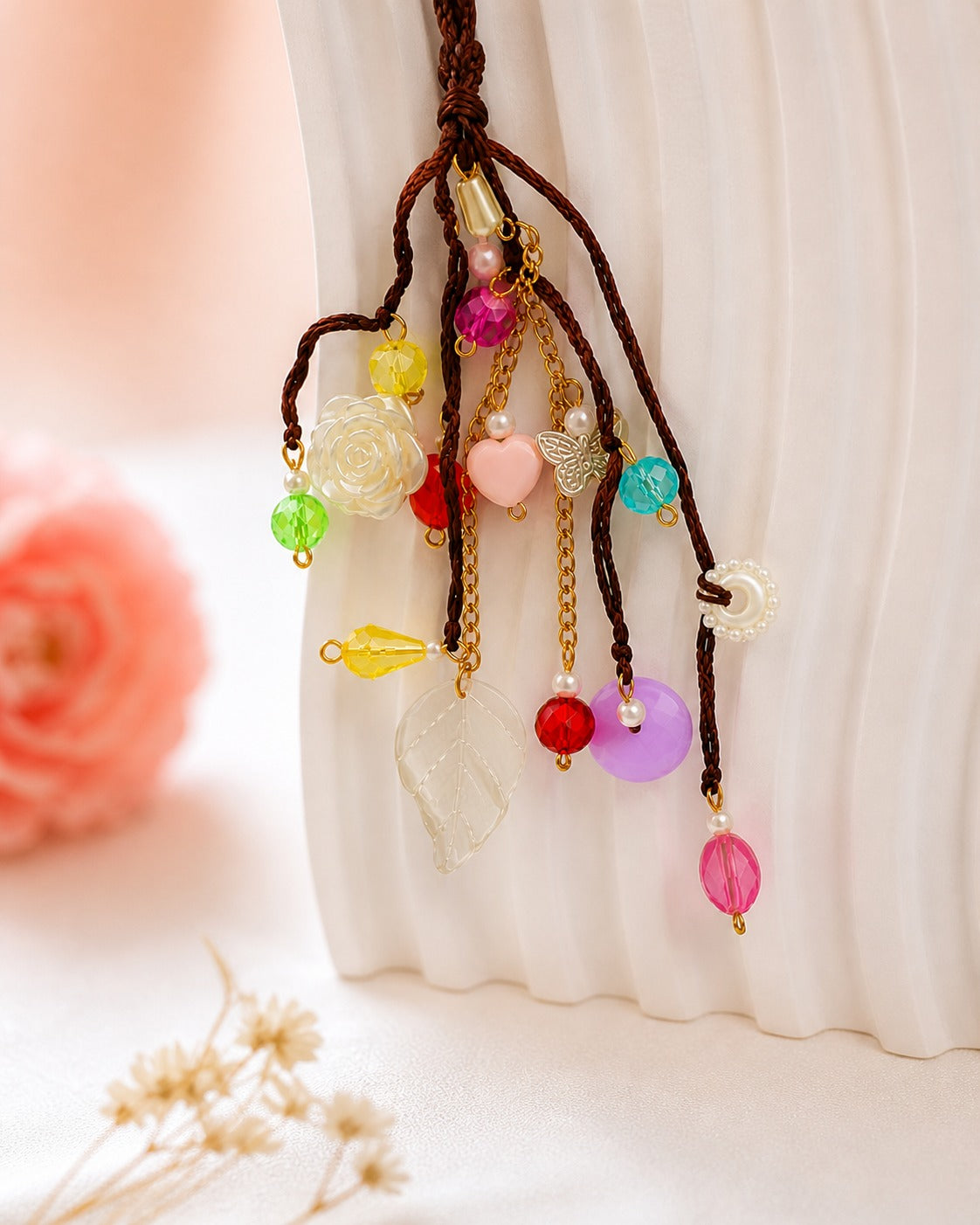 Darling Crystal Charm Bracelet | Handcrafted Beaded Jewelry with Rose, Butterfly & Leaf Pendants | Aesthetic Gift for Women & Girls